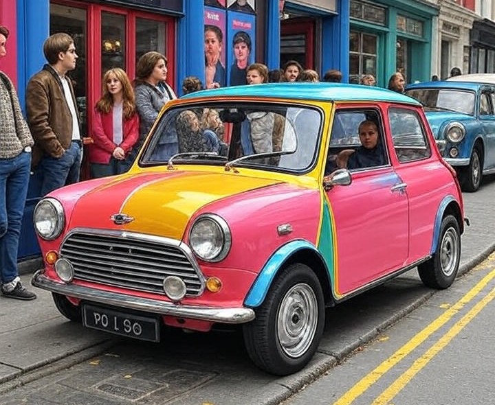 Pink yellow Mini Cooper (1959) Stainding and waiting for passanger on Street