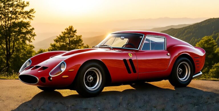 Red Ferrari 250 GTO (1962) Car parking infront of Hill/Mountain and improve it's Beauty Jungle in Background front view