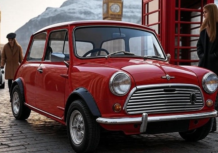 Red Classic 1959 Mini Cooper is parking on British Streat Road and A mountain is in It's background