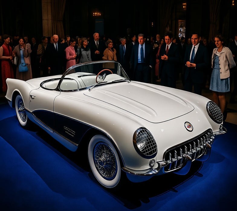 White Chevrolet Corvette 1953 Car External Design and Texture and Equipments , with Red leather texture