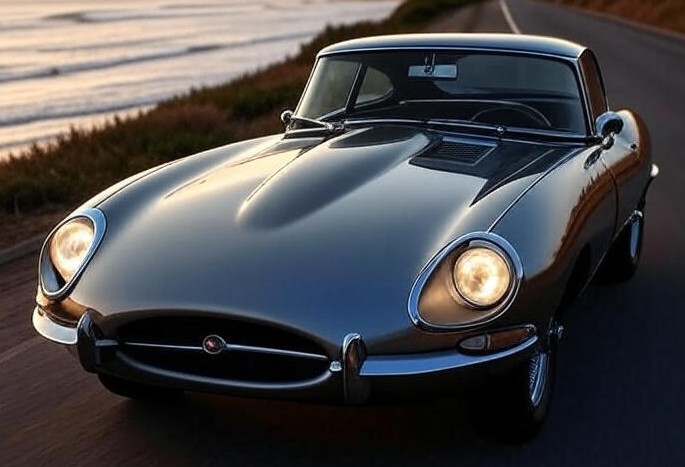 Black Jaguar E-Type (1961) car Parking on Mountain Side. show Front View.