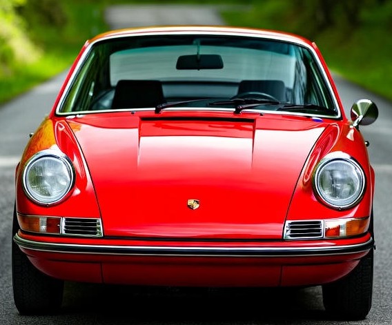 Red 1964 Porsche 911 Car front view with round headlights