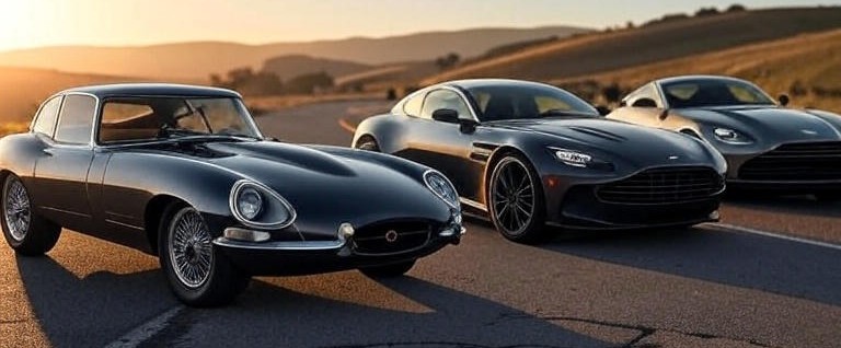 Black Jaguar E-Type (1961) Car "Jaguar E-Type (1961) vs Modern Sports Cars" shown in images.