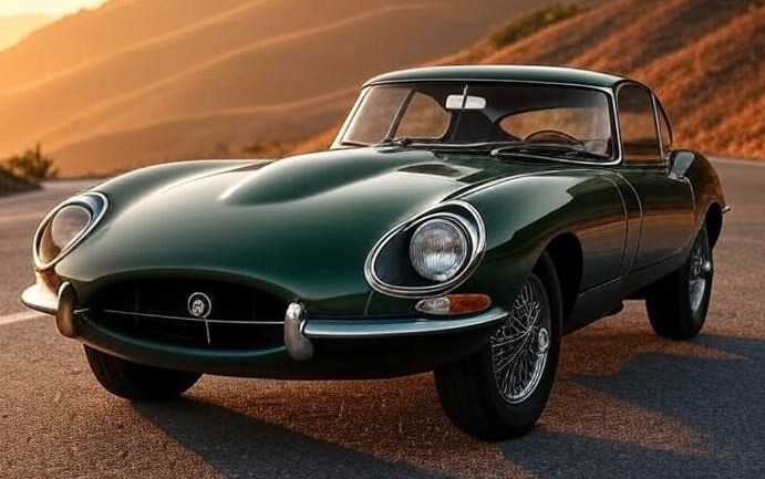 Green Jaguar E-Type (1961) car Parking on Mountain Side. show Front View.