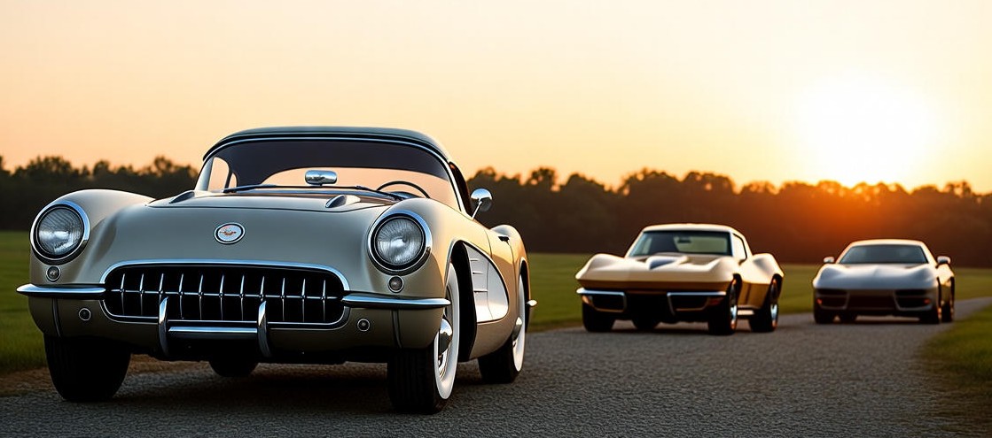 Silver Gray Chevrolet Corvette 1953 Car parking on Road Its front Views. Compared to European Sports Cars