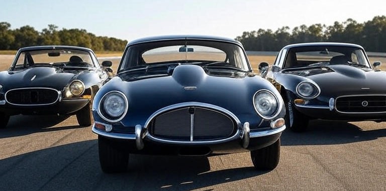 Blue Jaguar E-Type (1961) Car and it's Variants and Evolutions of cars and also show its Evolved car Series like Series 1 , 2, 3