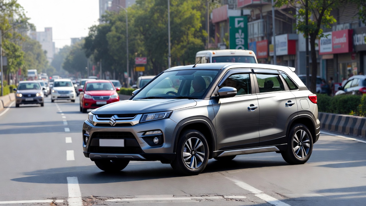 Maruti Suzuki Brezza driving in city traffic for daily use.