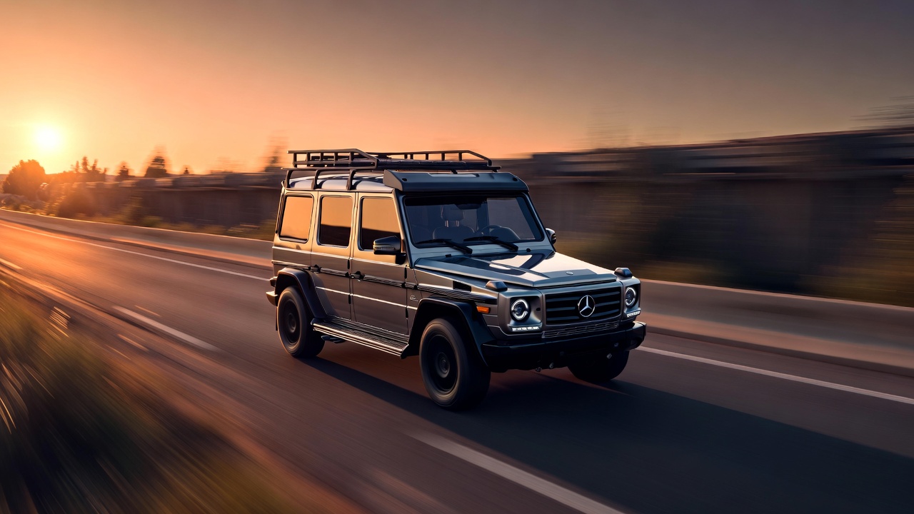 Mercedes G-Wagon W463 driving on highway during sunset showing commanding road presence.
