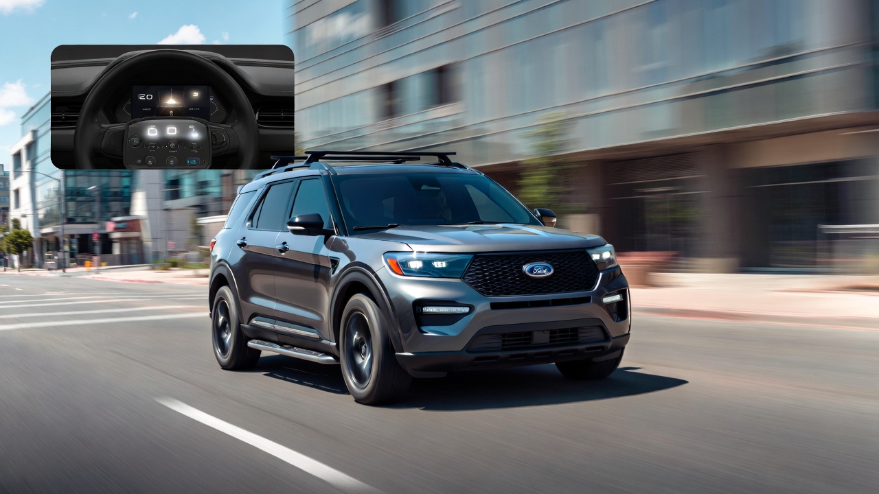 Ford Explorer Tremor driving in city traffic showing urban usability.