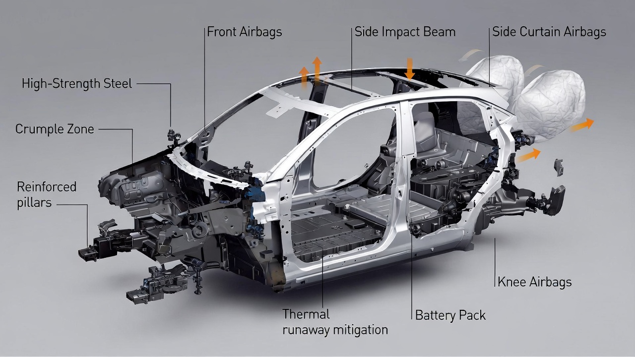 Tata Punch EV safety structure with airbags and battery protection.