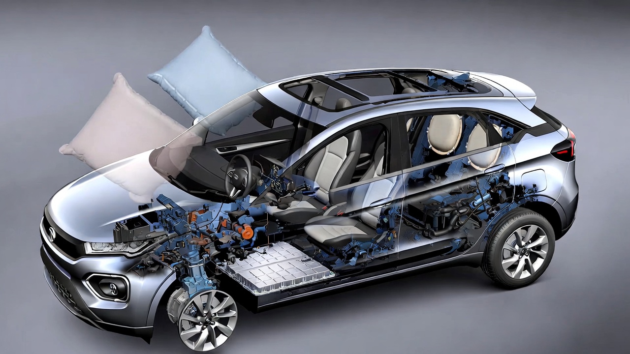 Tata Nexon EV safety structure and battery placement illustration.