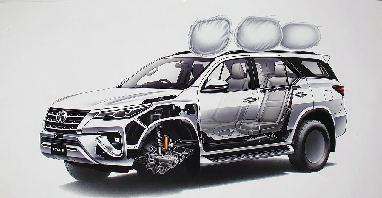 Toyota Fortuner safety features showing airbag system and strong body structure.