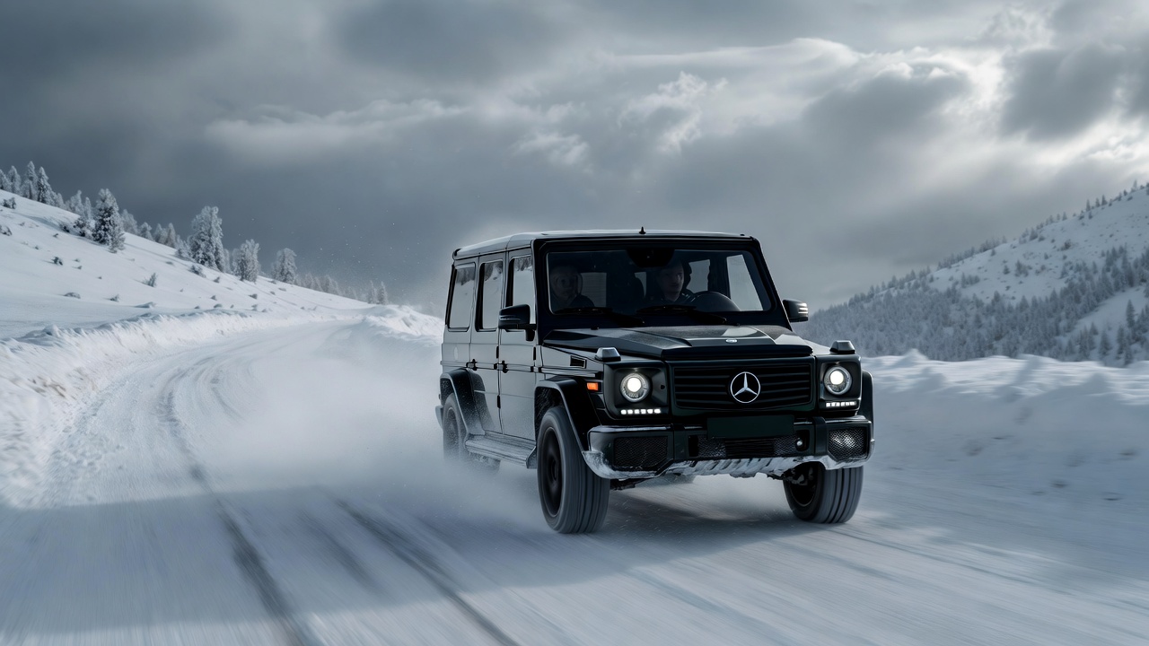 Mercedes G-Wagon W463 driving confidently on snowy mountain road.