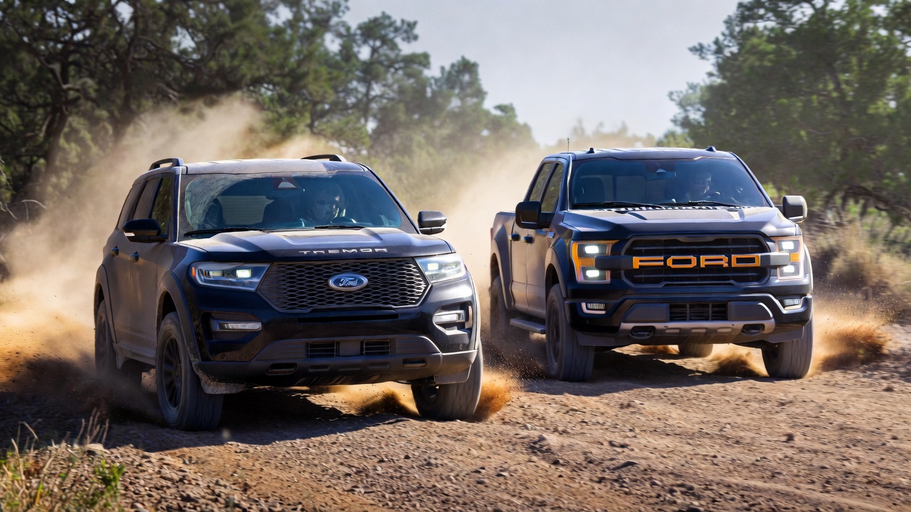 Ford Explorer Tremor driving off-road next to Ford F-150 Tremor highlighting Tremor badge heritage.