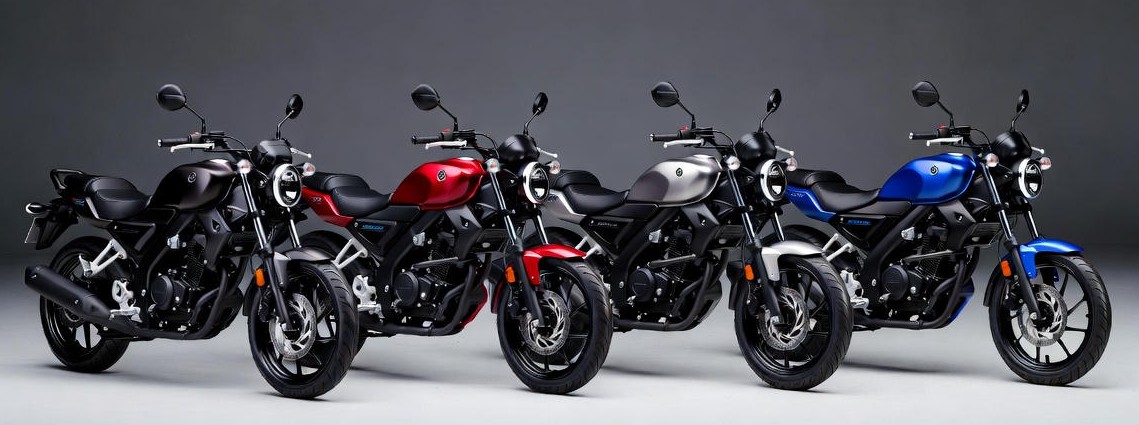 Yamaha XSR 155 color variants including Matte Black, Red, and Silver.