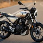 Yamaha XSR 155 neo-retro motorcycle on the highway during golden hour.