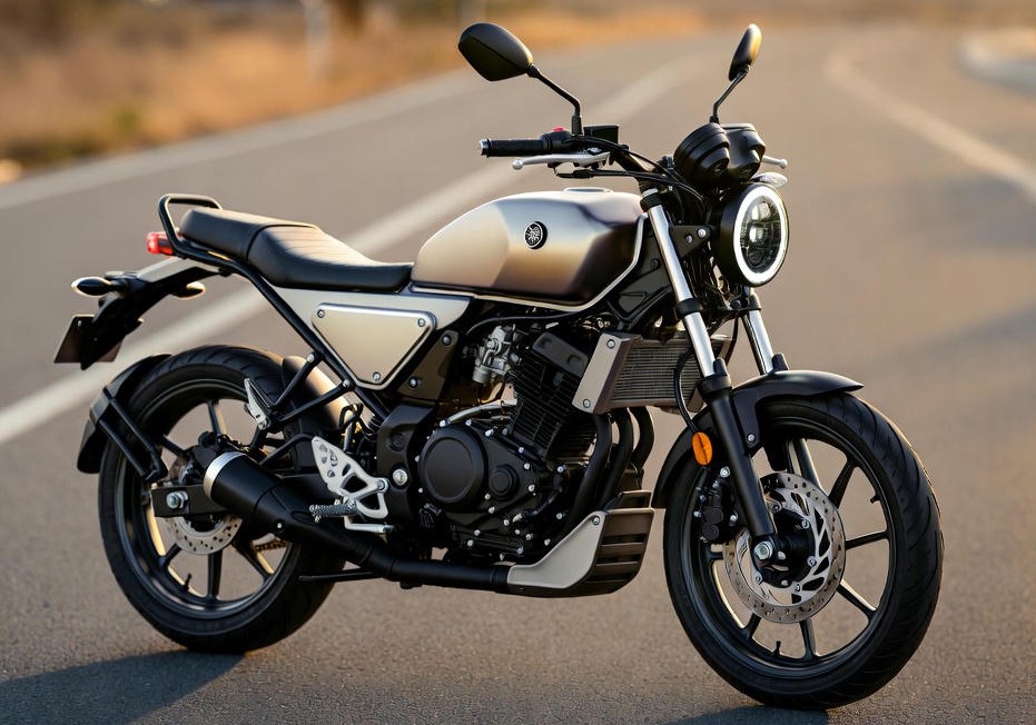 Yamaha XSR 155 neo-retro motorcycle on the highway during golden hour.