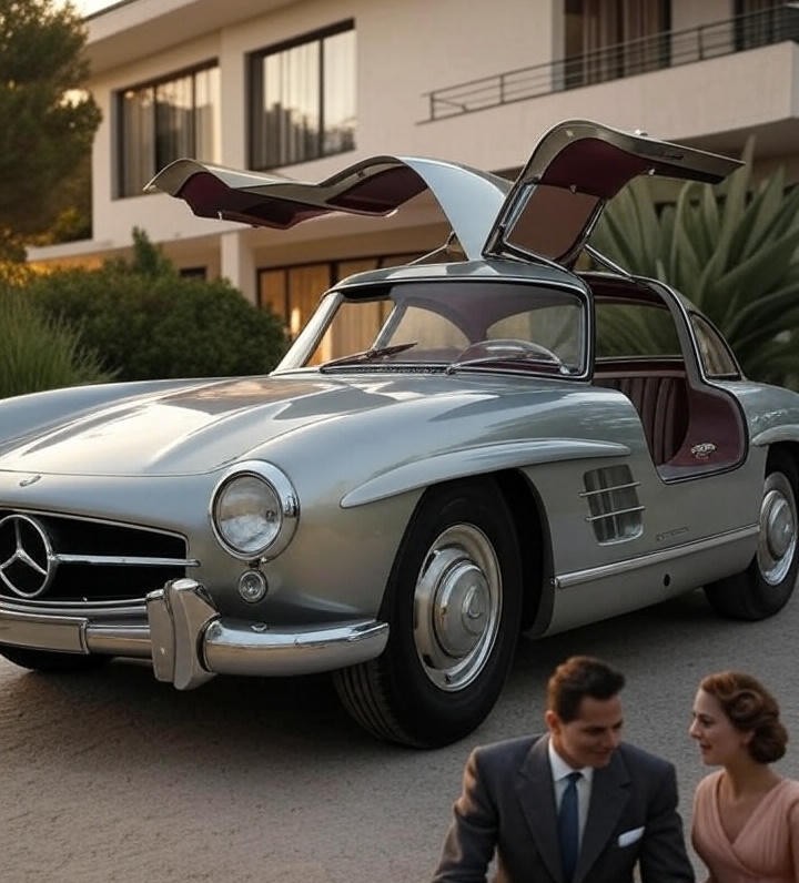 Silver Mercedes-Benz 300SL Gullwing (1954) opened Car door is parking Infront of House.
