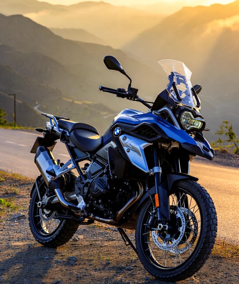 BMW F 450 GS adventure bike on mountain road at sunrise.