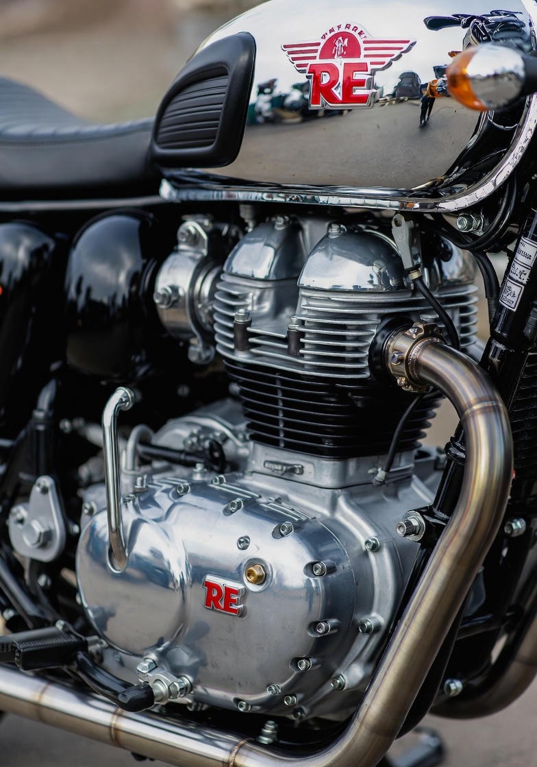Royal Enfield Bullet 650 648cc twin-cylinder chrome engine close-up.