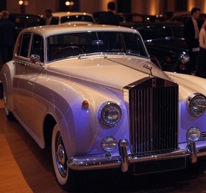 Silver Rolls-Royce Silver Cloud (1955) Car is parked for showcase in Showroom. and it's Background people are discuss for Purchase
