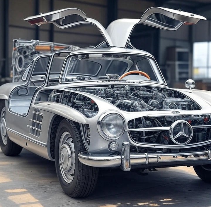 Silver Mercedes-Benz 300SL Gullwing (1954) Car Engion of it's Engineering and Performance