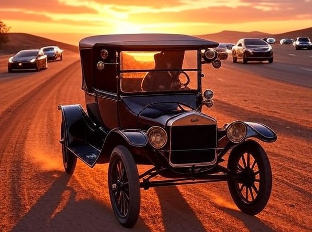 Black Ford Model T (1908) Car is driven in Deseart Place and it's Background some modern cars seen