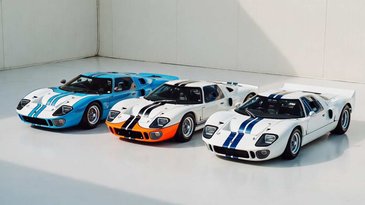 Different versions of the Ford GT40 including Mk I, Mk II, and Mk IV.