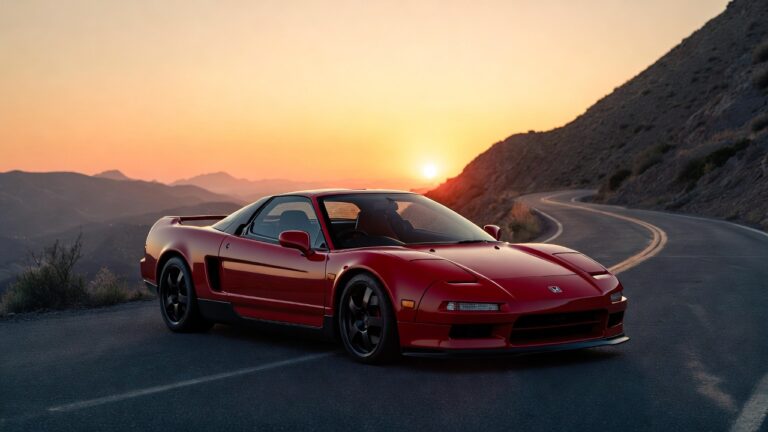 "Honda NSX first generation parked on a mountain road showcasing iconic Japanese supercar design"