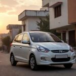 Hyundai Santro parked in Indian residential colony symbolizing middle-class family car dream.