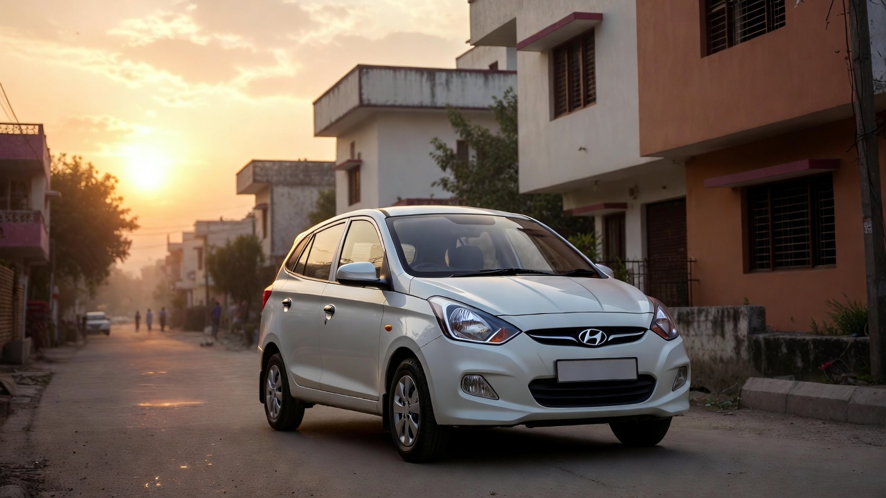 Hyundai Santro parked in Indian residential colony symbolizing middle-class family car dream.