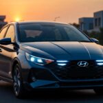 Hyundai Verna facelift 2026 front three quarter view with LED light bar in sunset