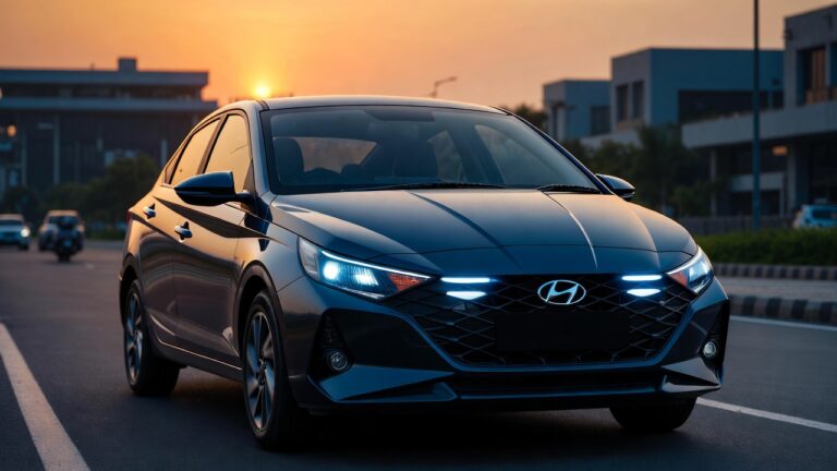 Hyundai Verna facelift 2026 front three quarter view with LED light bar in sunset