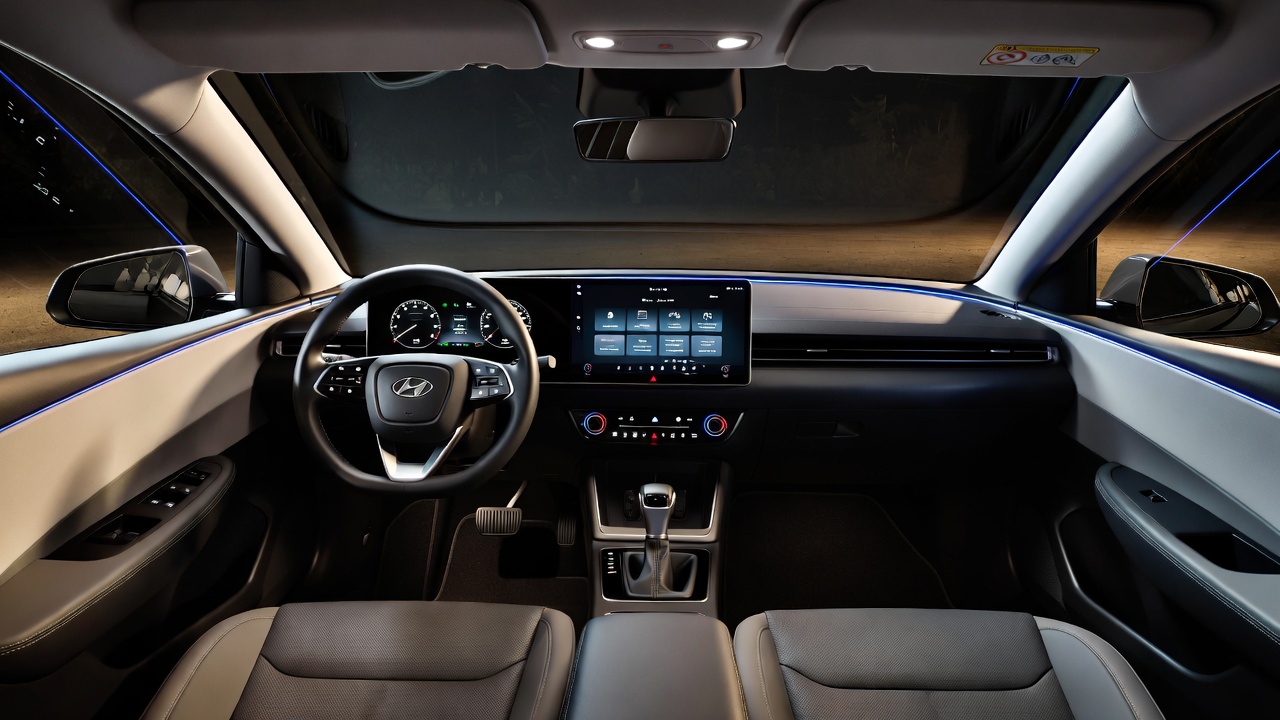 Hyundai Verna facelift interior with dual digital screens and ambient lighting.