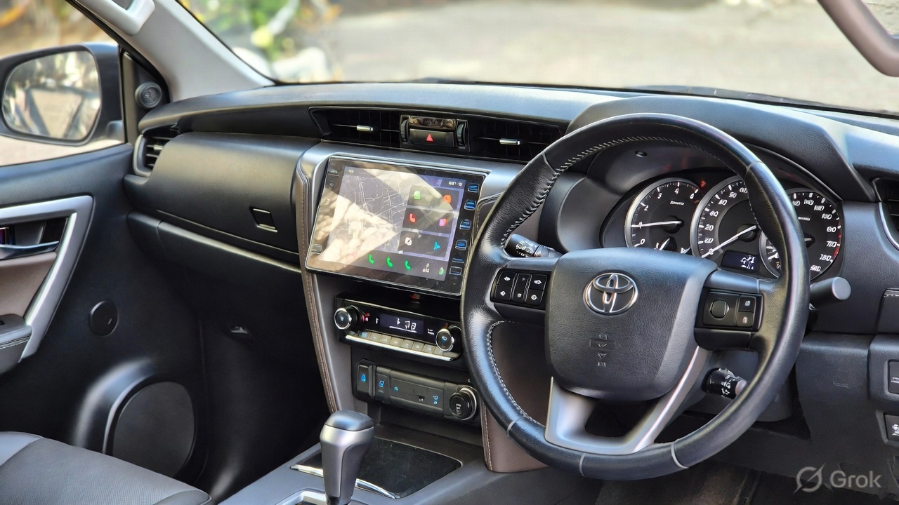 Toyota Fortuner dashboard layout with touchscreen and analog instrument cluster.