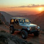 "Jeep Wrangler YJ classic off-road SUV with square headlights on a mountain trail"