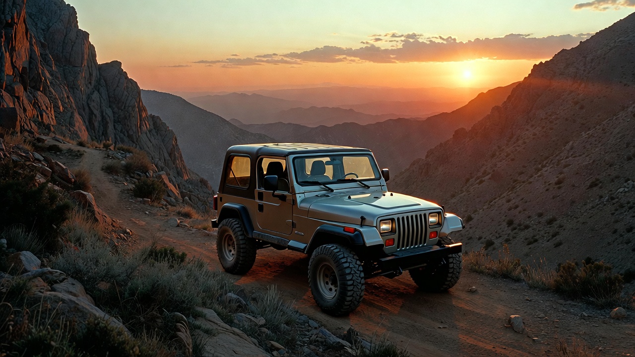 "Jeep Wrangler YJ classic off-road SUV with square headlights on a mountain trail"