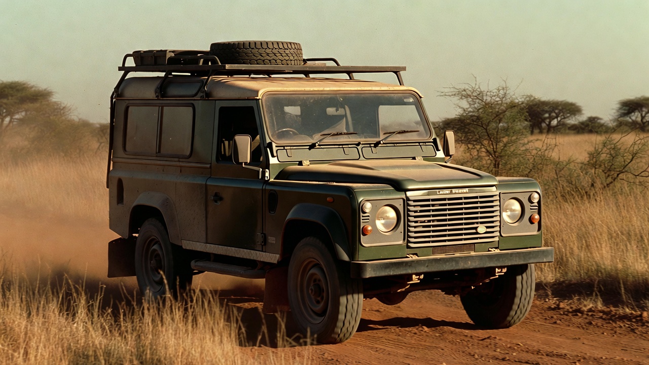 1983 Land Rover Defender 110 driving through dusty safari terrain.
