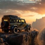 Land Rover Defender 110 parked on a mountain cliff at sunset showcasing rugged adventure capability.
