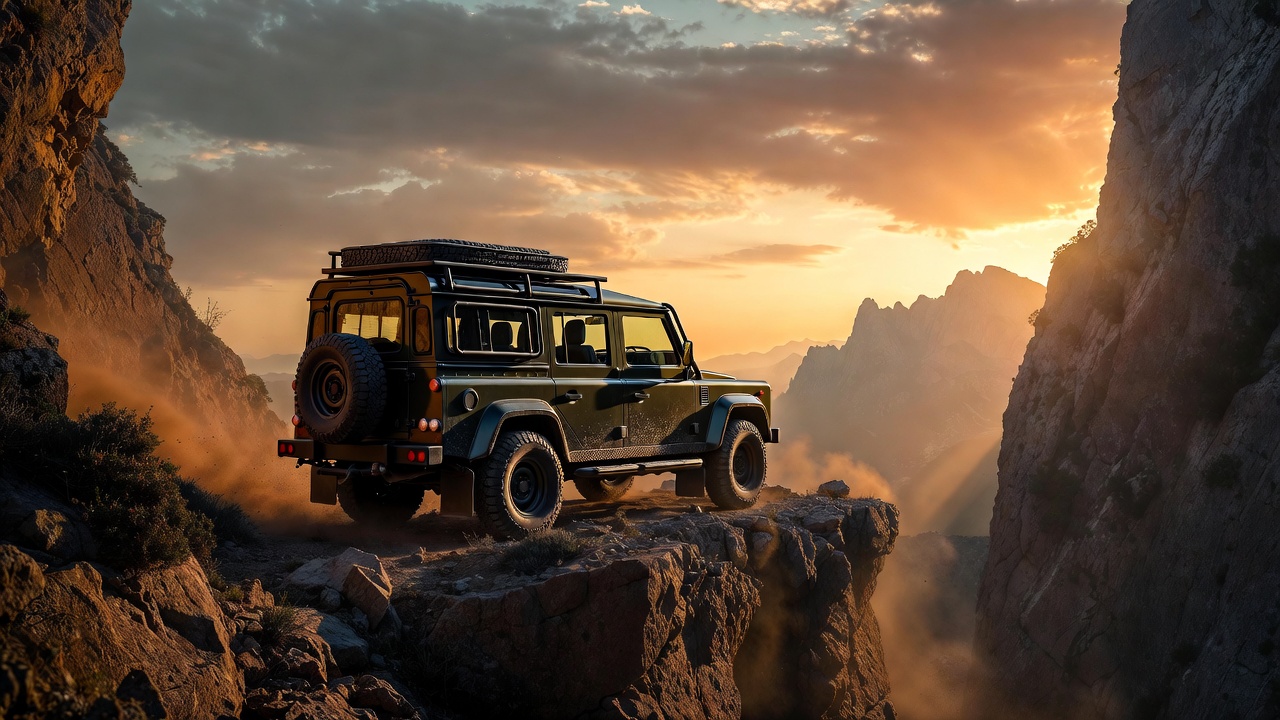 Land Rover Defender 110 parked on a mountain cliff at sunset showcasing rugged adventure capability.