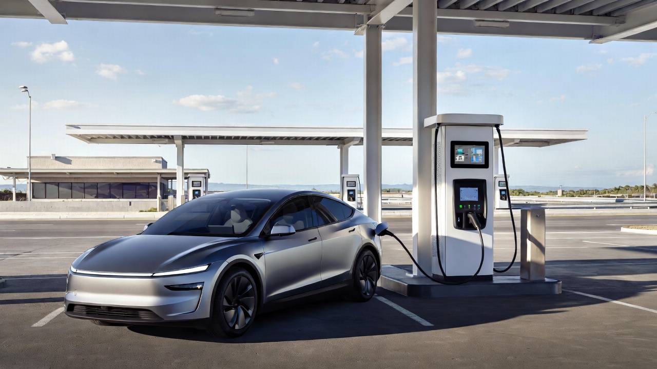 Lucid Air connected to DC fast charging station during road trip