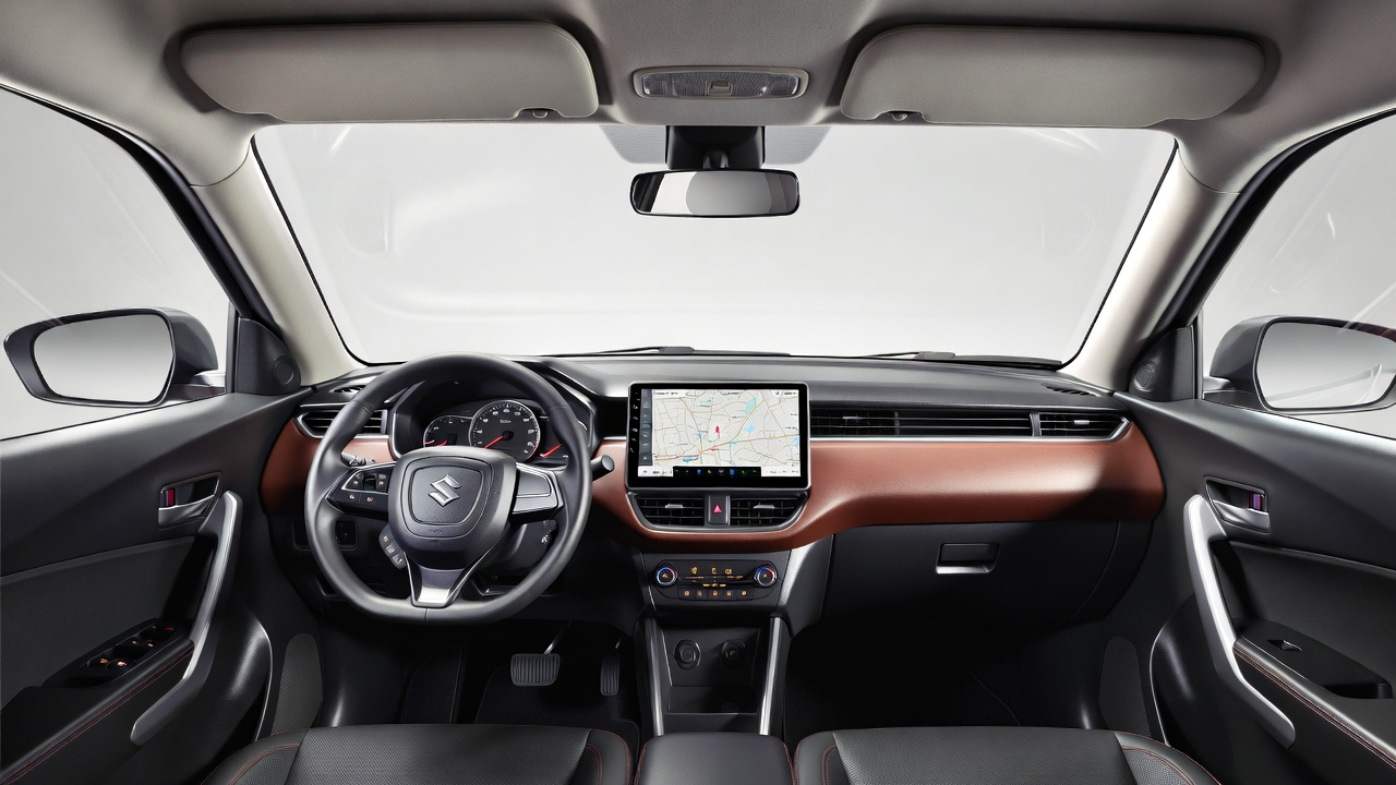 Maruti Suzuki Brezza interior with touchscreen infotainment system.