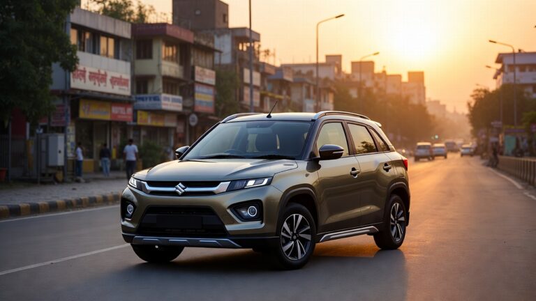 Maruti Suzuki Brezza 2026 parked in urban Indian city environment.