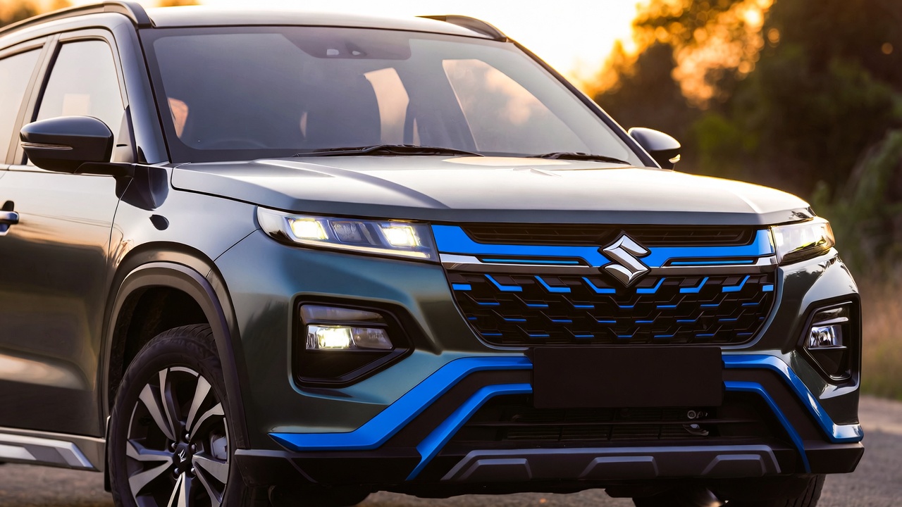 Front three-quarter view of Maruti Suzuki e-Vitara with LED headlights.