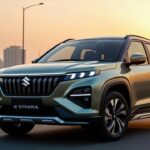 Maruti Suzuki e-Vitara 2026 electric SUV front design in Indian city.