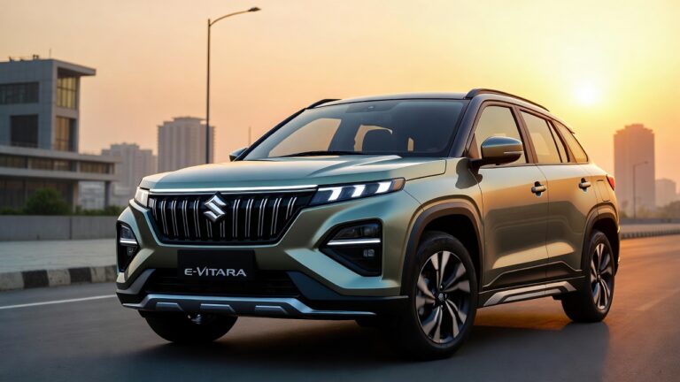 Maruti Suzuki e-Vitara 2026 electric SUV front design in Indian city.