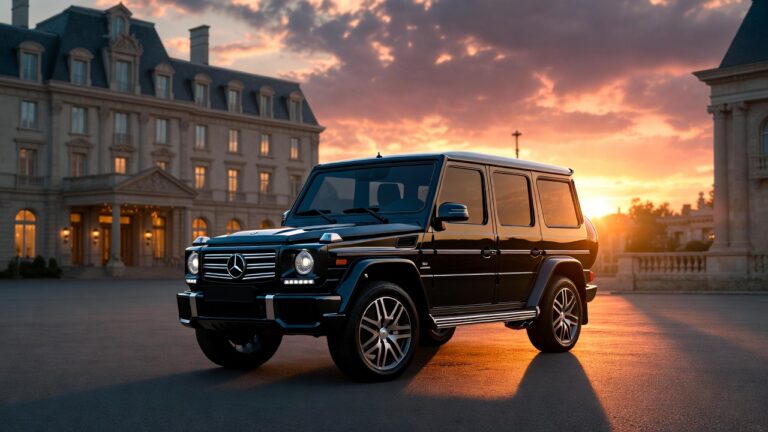 Mercedes G-Wagon W463 parked outside a luxury hotel showcasing its iconic boxy design and premium presence.