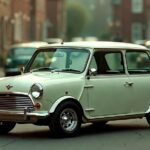 Mini Cooper Mk1 classic British car parked on a 1960s street showcasing iconic compact design.