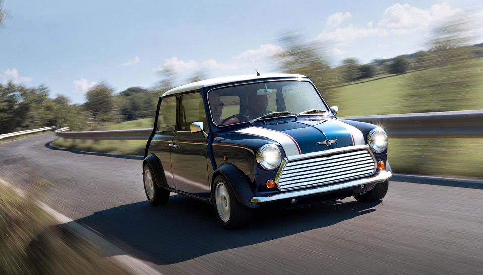 Mini Cooper Mk1 cornering on a twisty road showing go-kart-like handling