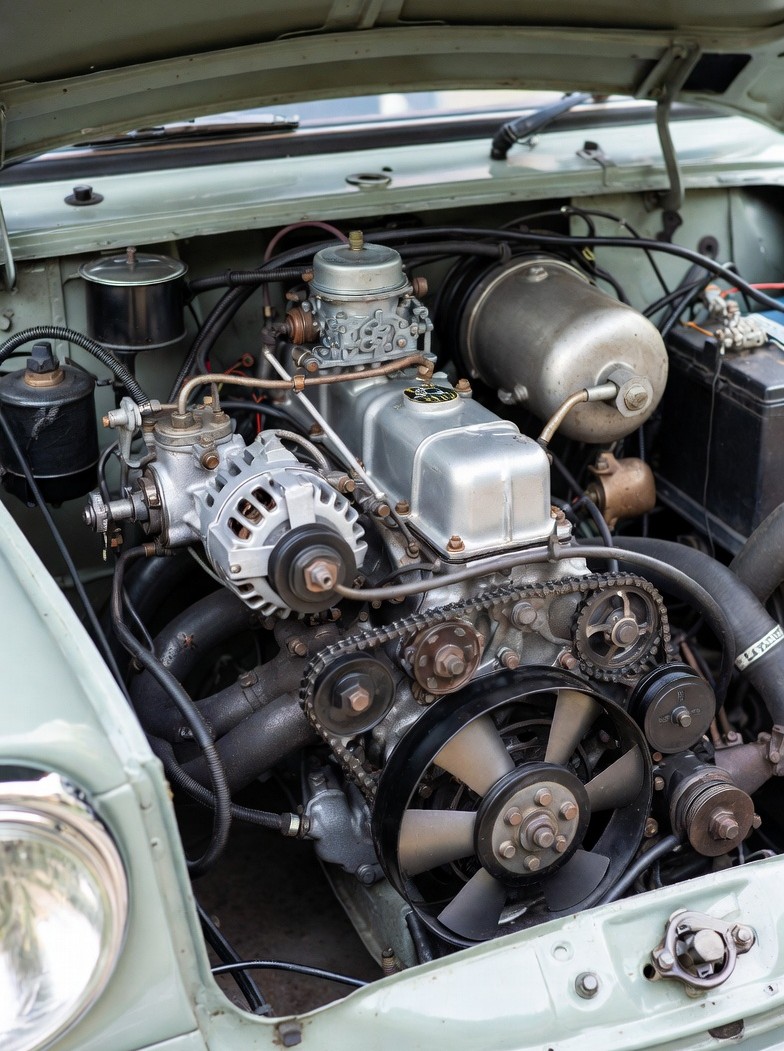 Mini Cooper Mk1 engine bay showing compact 998cc performance engine